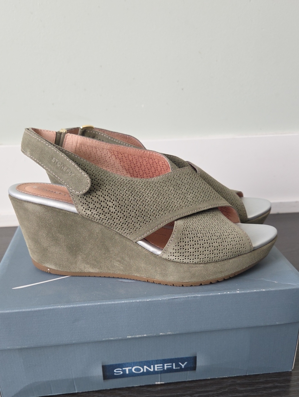 Stonefly Olive Suede Perforated Slingback Wedge Sandals